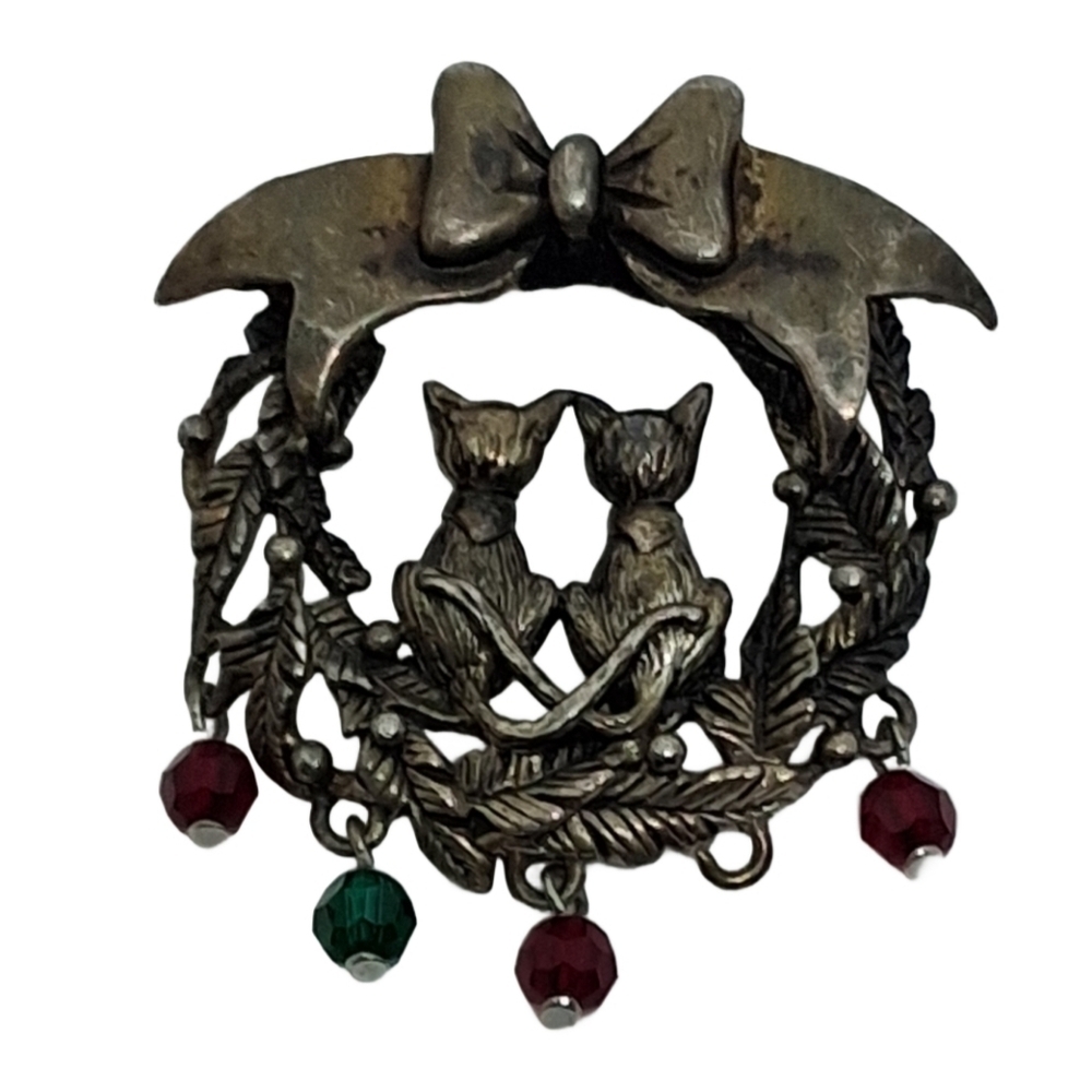 🎄VTG Jezlaine Sterling Silver Two Cats Christmas Wreath Brooch Signed 925